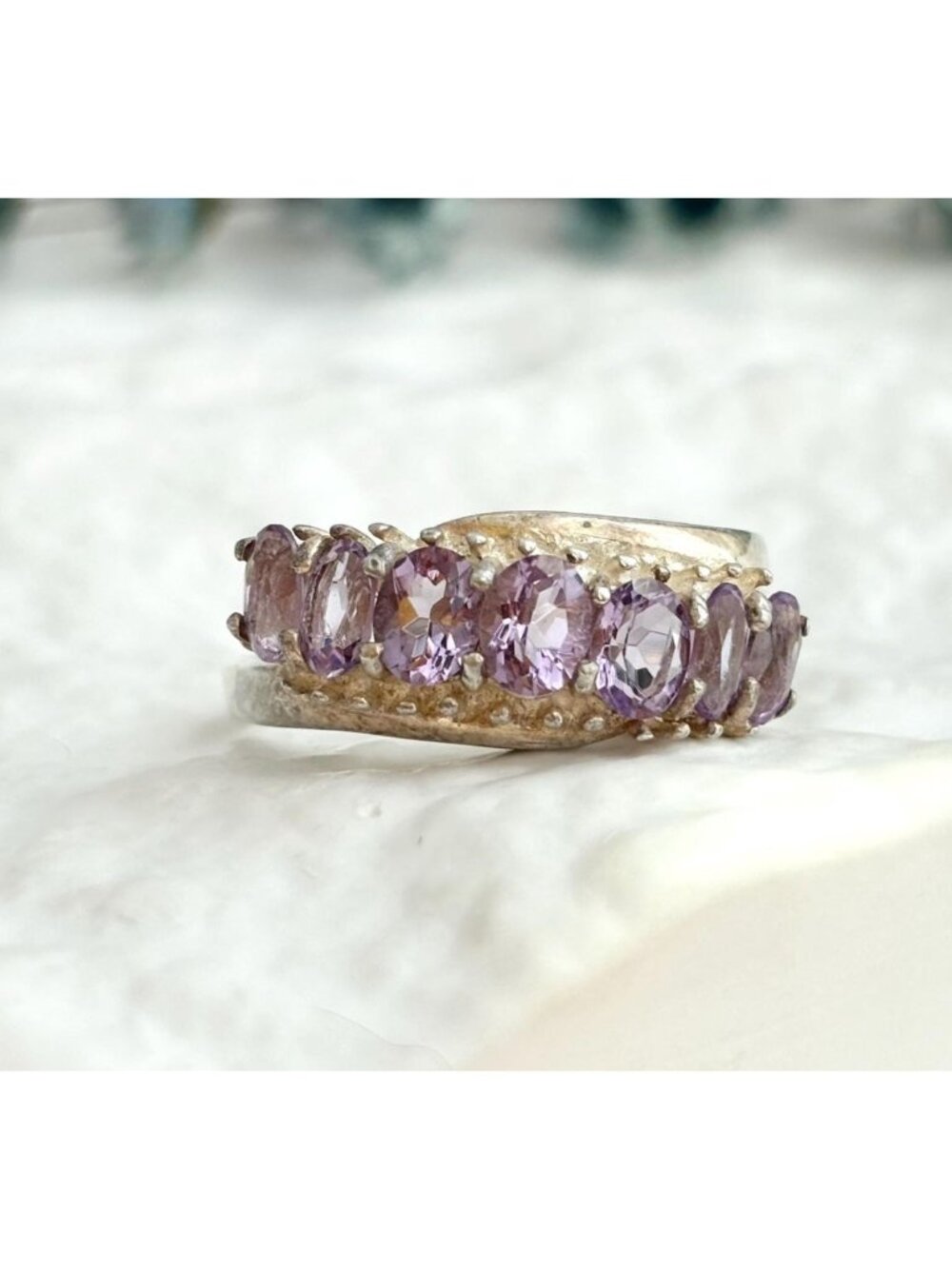 Amethyst Row Set Gemstone Sterling Silver 925 Vintage Ring - sz 9.75